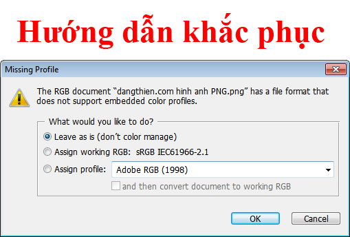 Hướng dẫn khắc phục lỗi Missing Profile The RGB document has a file format that does not support embedded color profiles.